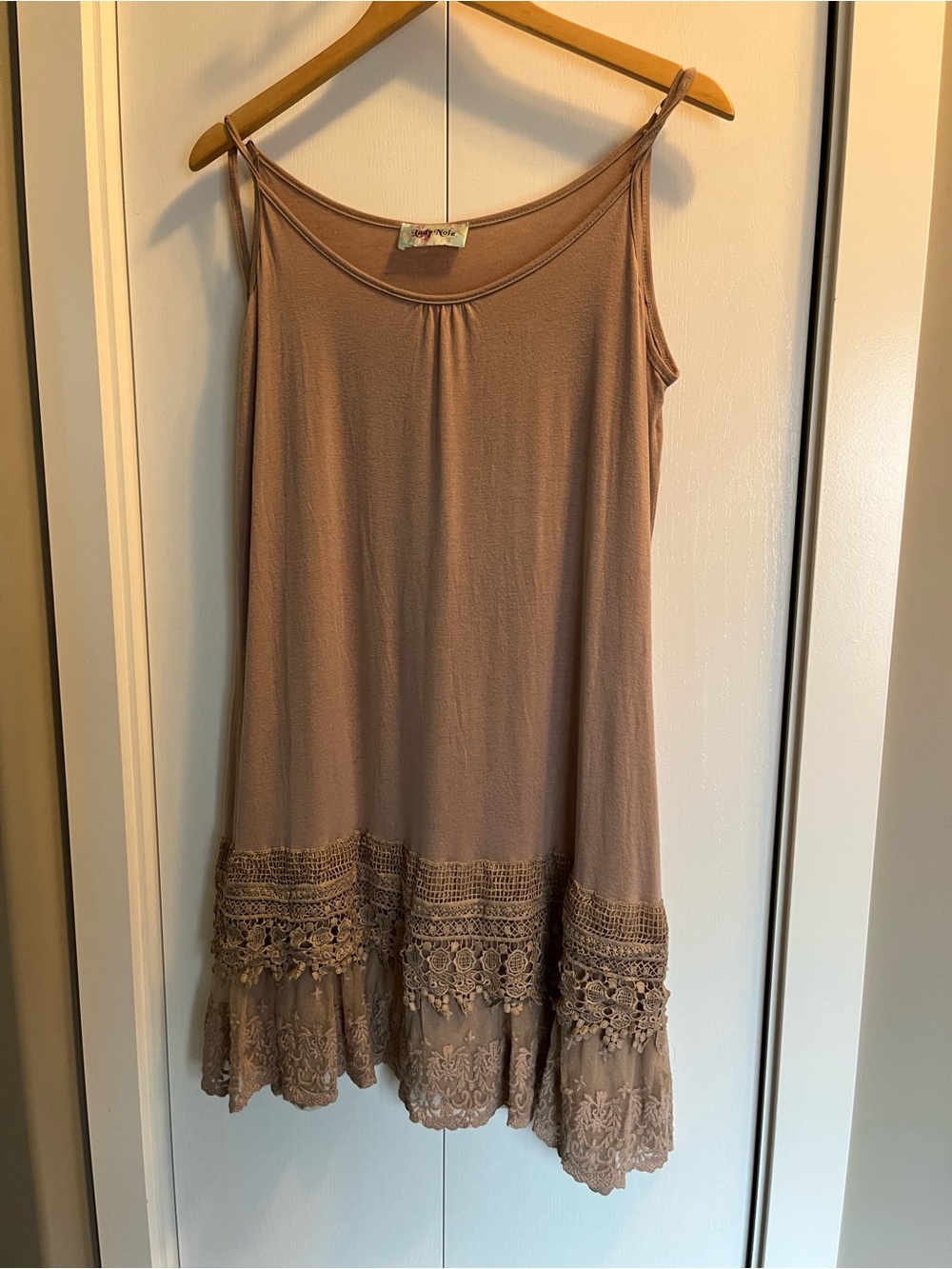 Lady Noiz Crochet-Hem Slip Dress in Taupe
